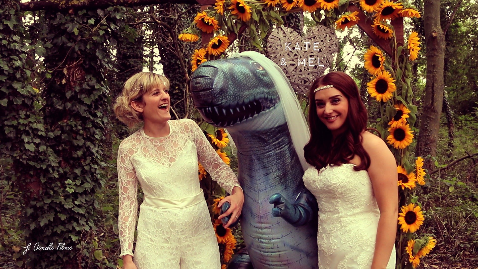 Quirky dinosaur wedding in the woods